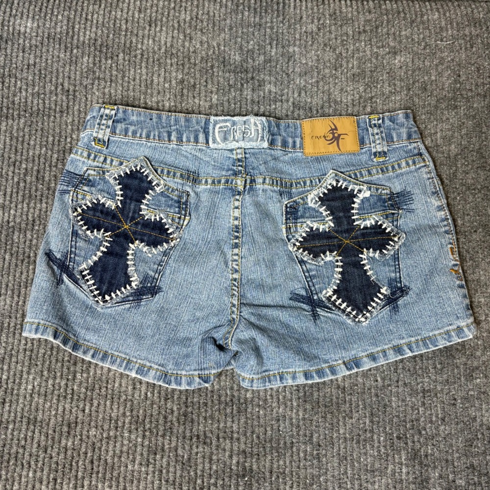 FreshYMC Patchwork Cross Denim Shorts Womens 5 Y2K Low Rise Distressed